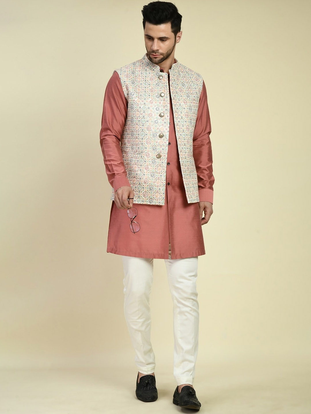 

ONE MAN SHOW Band Collar Straight Silk Kurta With Jacket, Brown