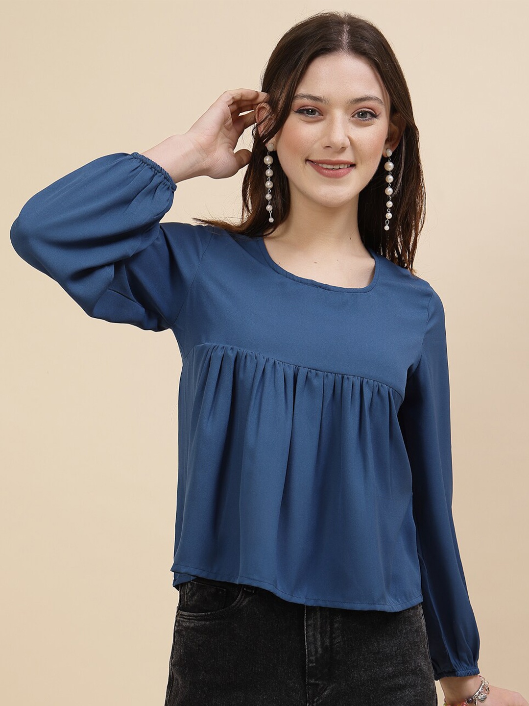 

RAASSIO Round Neck Puff Sleeves Gathered Empire Top, Blue