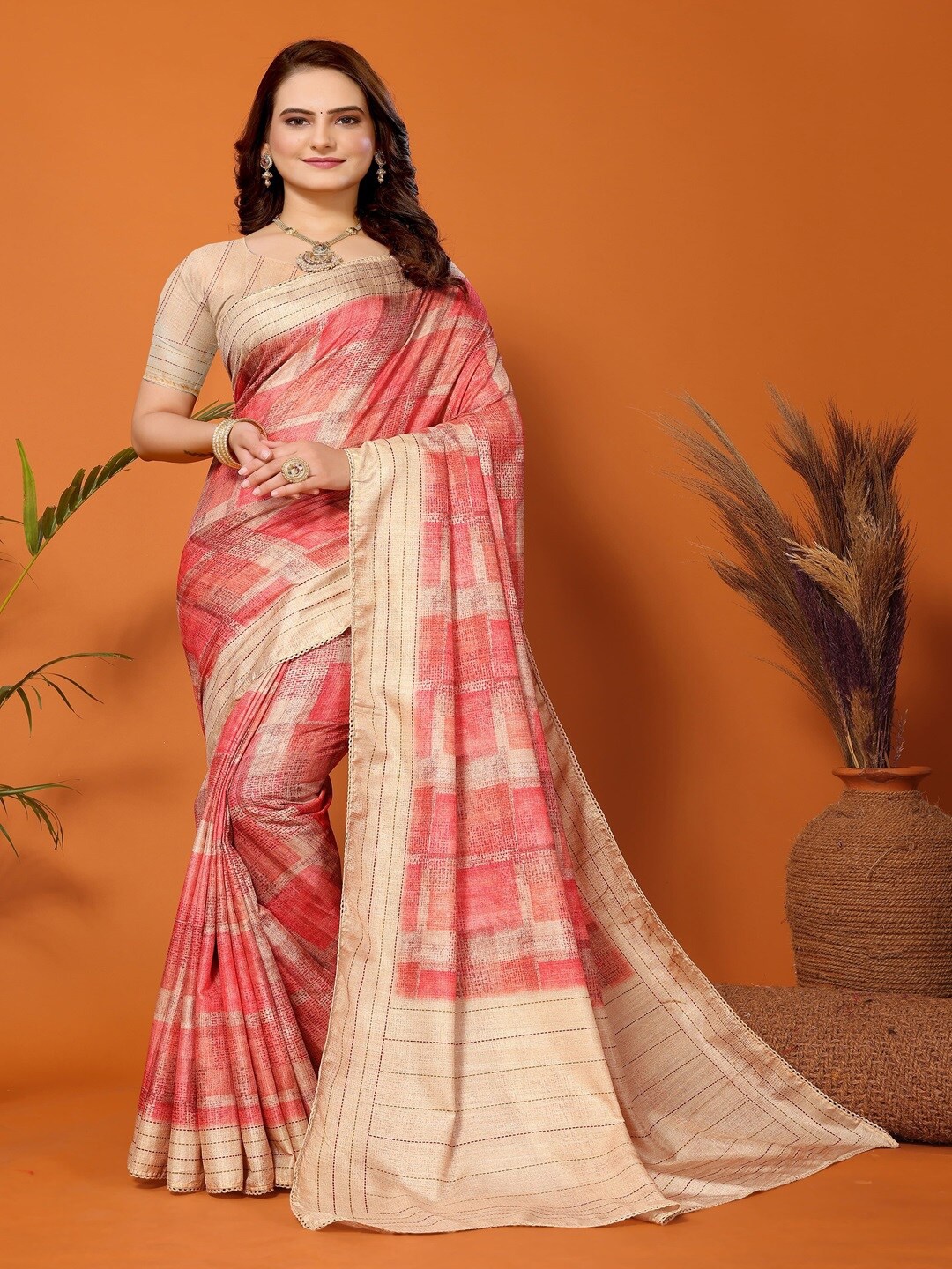 

ARYZE Abstract Printed Embroidered Saree, Red