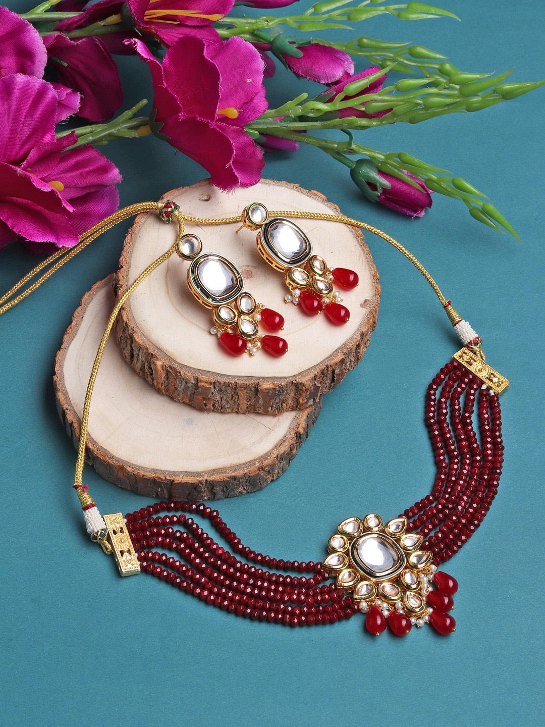 

Runjhun Gold-Plated Kundan Stone-Studded Beaded Choker Jewellery Set