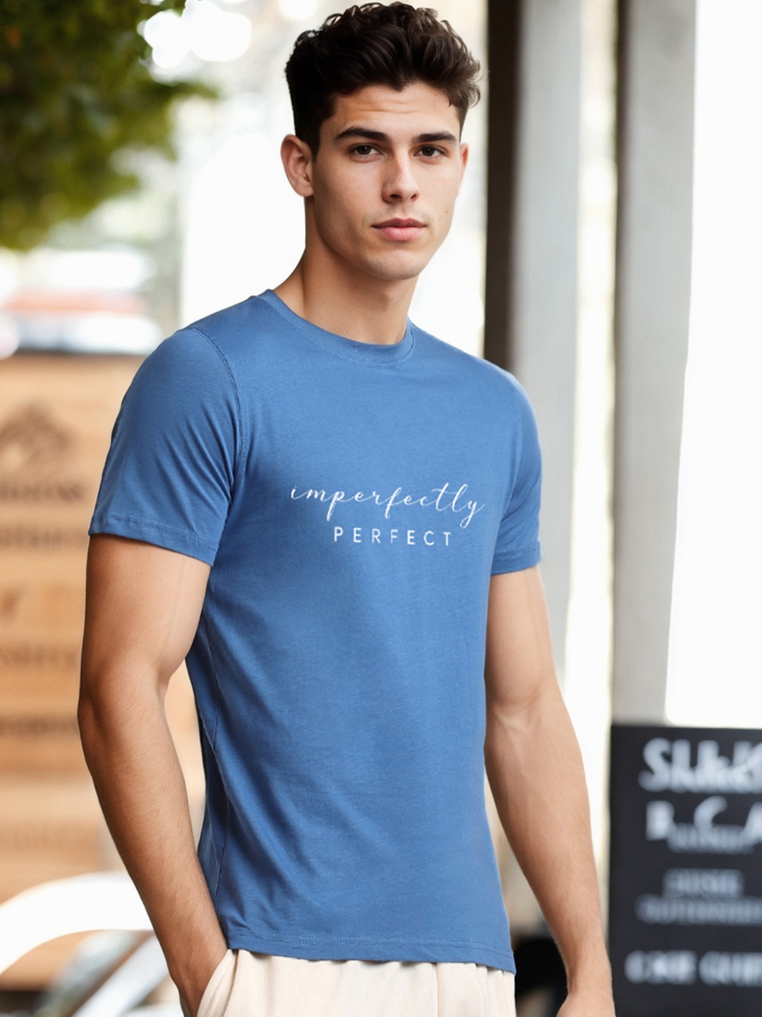 NOBERO Round Neck Short Sleeves Typography Printed T-shirt, Navy blue