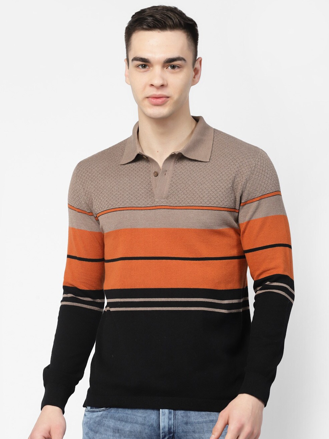 

Kalt Striped Polo Collar T-shirt, Rust