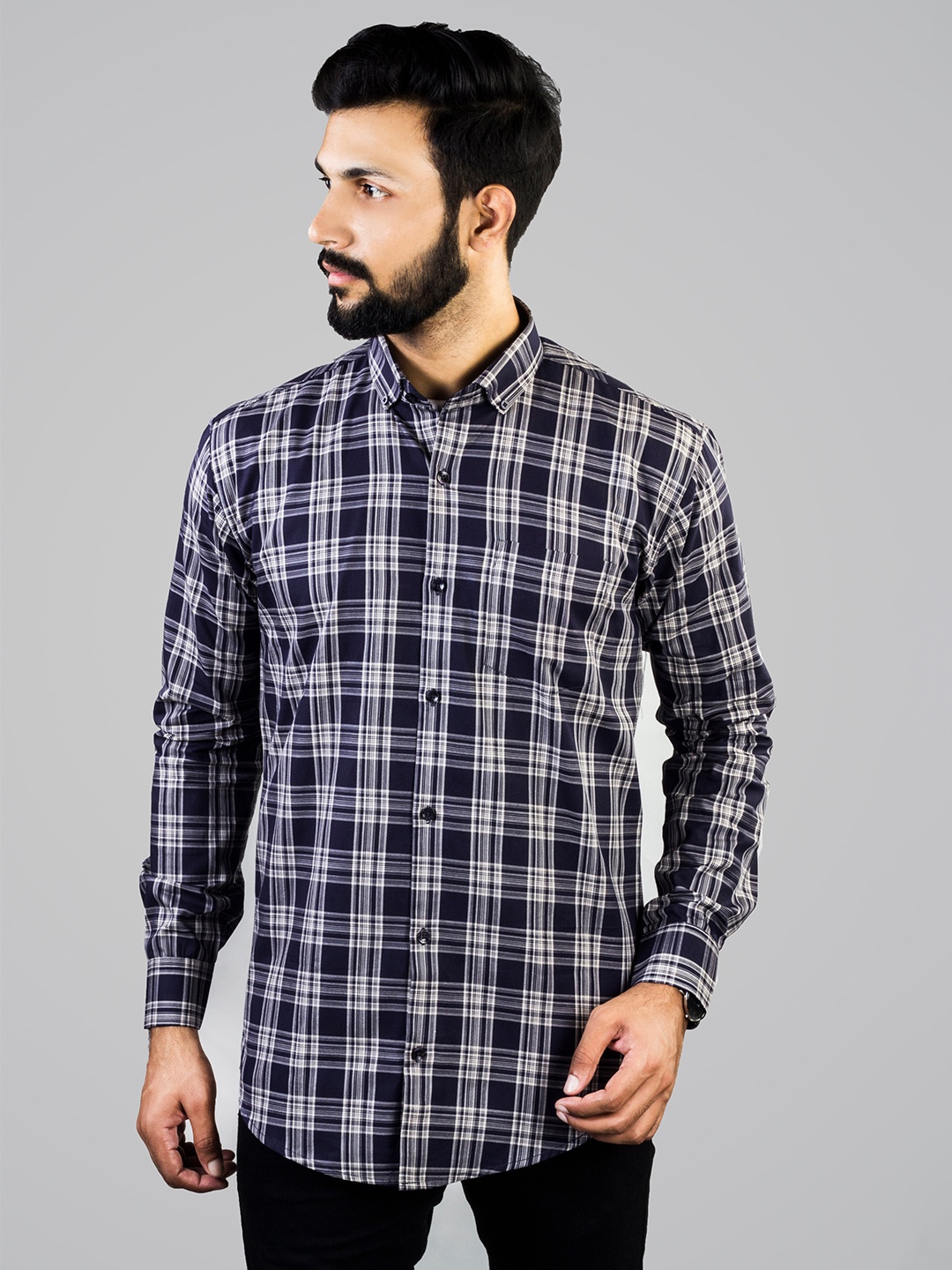 

INDIAN THREADS Slim Fit Tartan Checked Button-Down Collar Cotton Formal Shirt, Blue