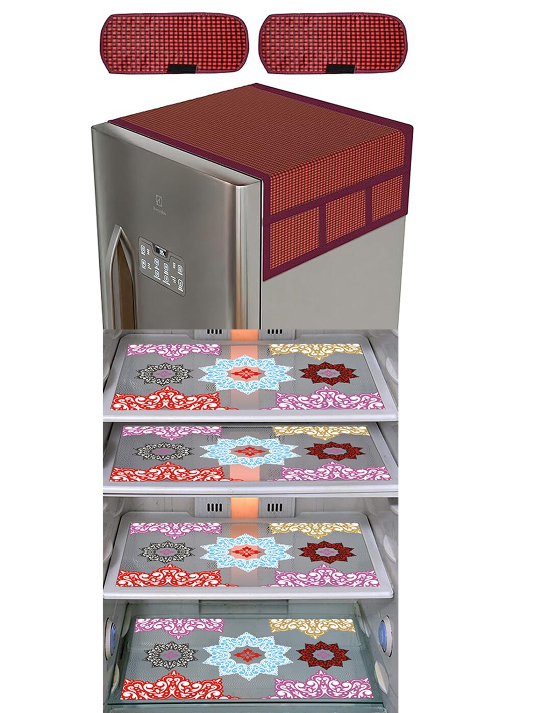 

Dakshya Industries Maroon & Pink 7 Pieces Checked Waterproof Refrigerator Covers