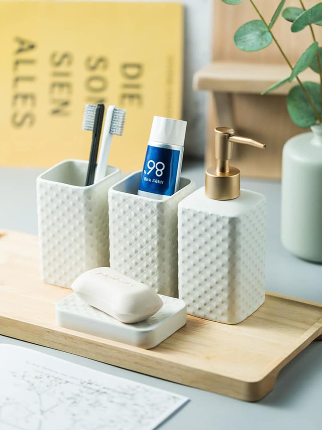 

Kuber Industries White 4 Pieces Checked Ceramic Soap Dispenser & Toothbrush Holder