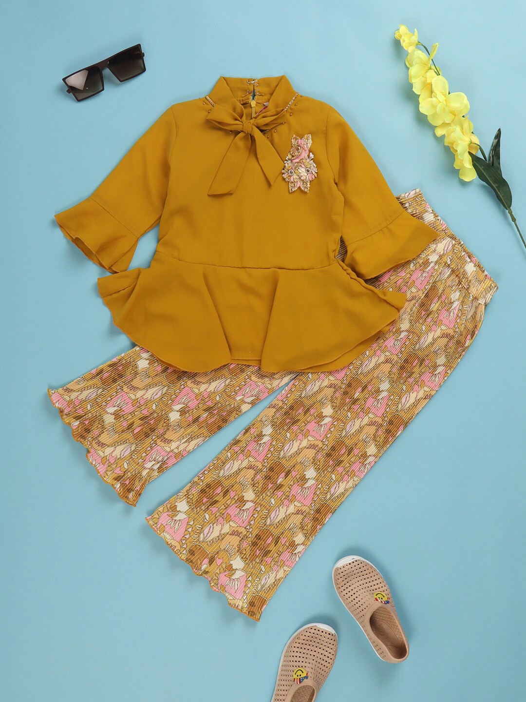 

V-Mart Girls Tie Up Neck Top with Palazzos, Mustard