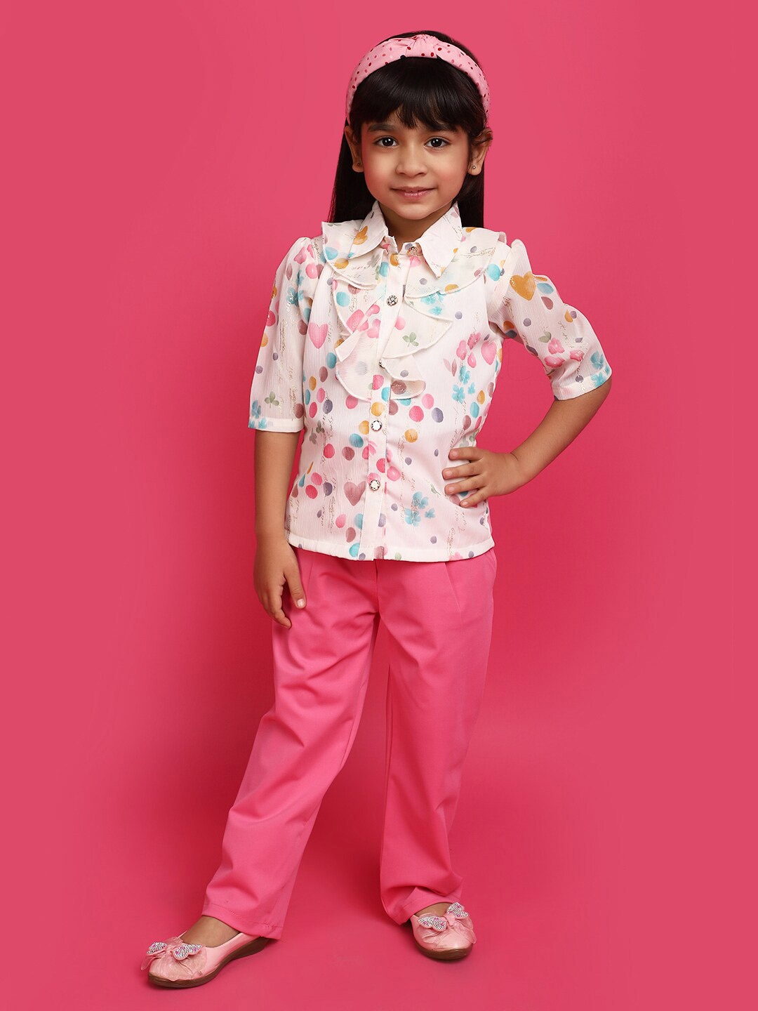 

V-Mart Girls Printed Pure Cotton Shirt with Trousers, White
