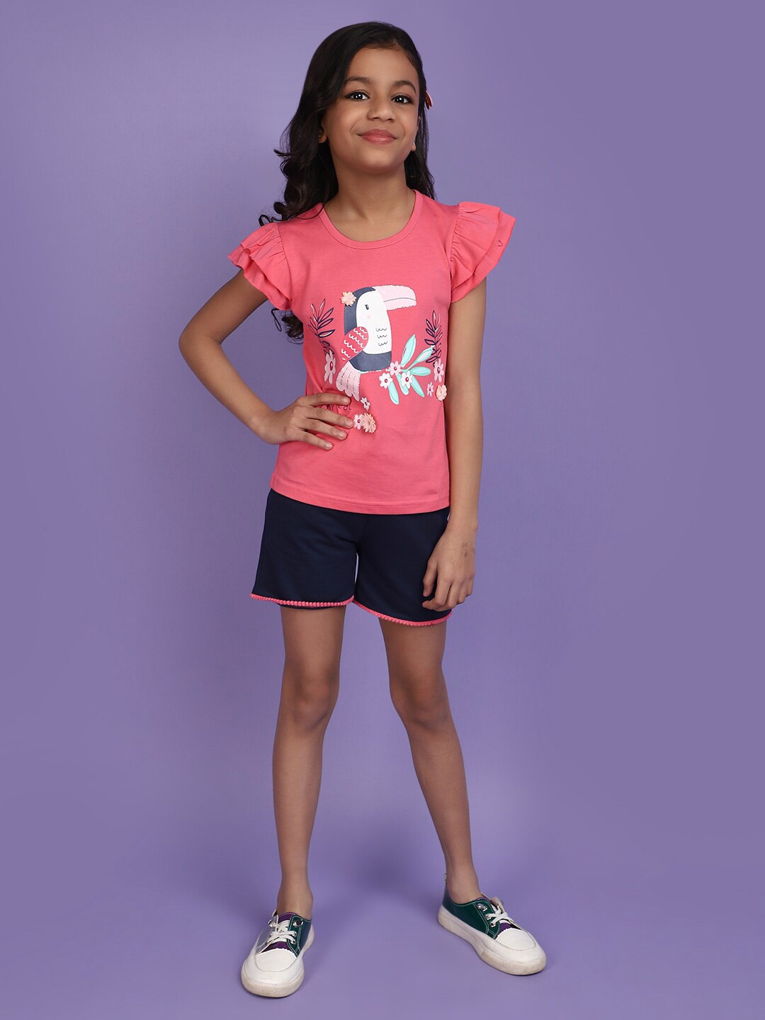 

V-Mart Girls Printed Pure Cotton T-shirt with Trousers, Fuchsia