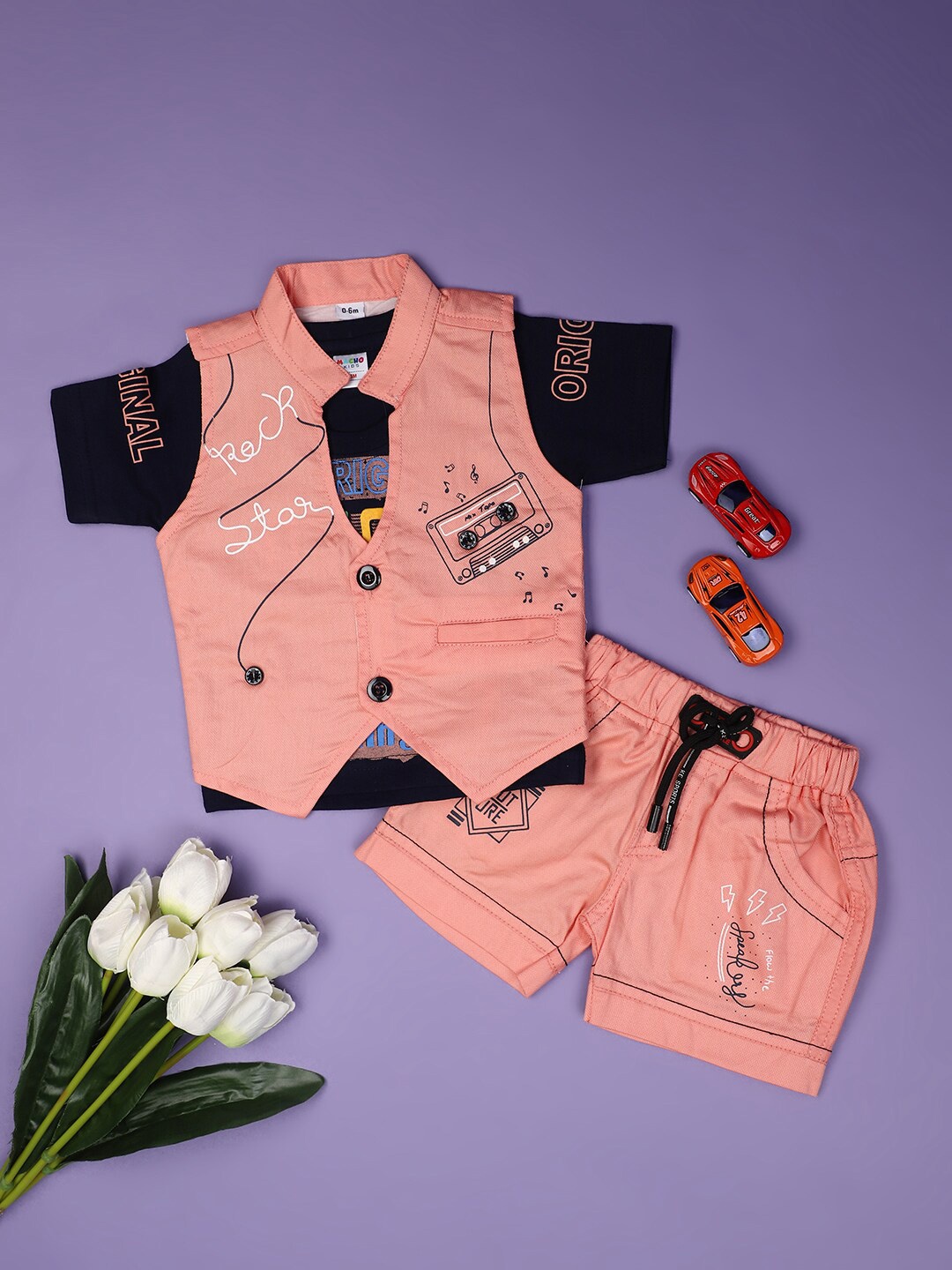 

V-Mart Kids Printed Pure Cotton T-shirt & Trousers with Waistcoat, Pink