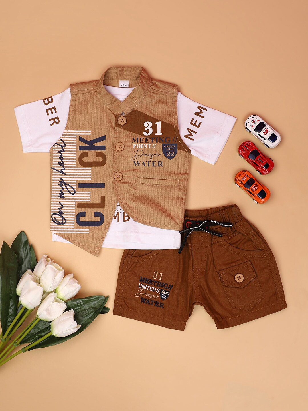

V-Mart Infants Printed Pure Cotton Shirt with Shorts, Beige