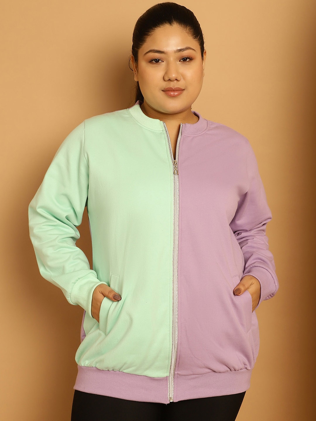 

theRebelinme Plus Size Colourblocked Mock Collar Bomber Jacket, Sea green