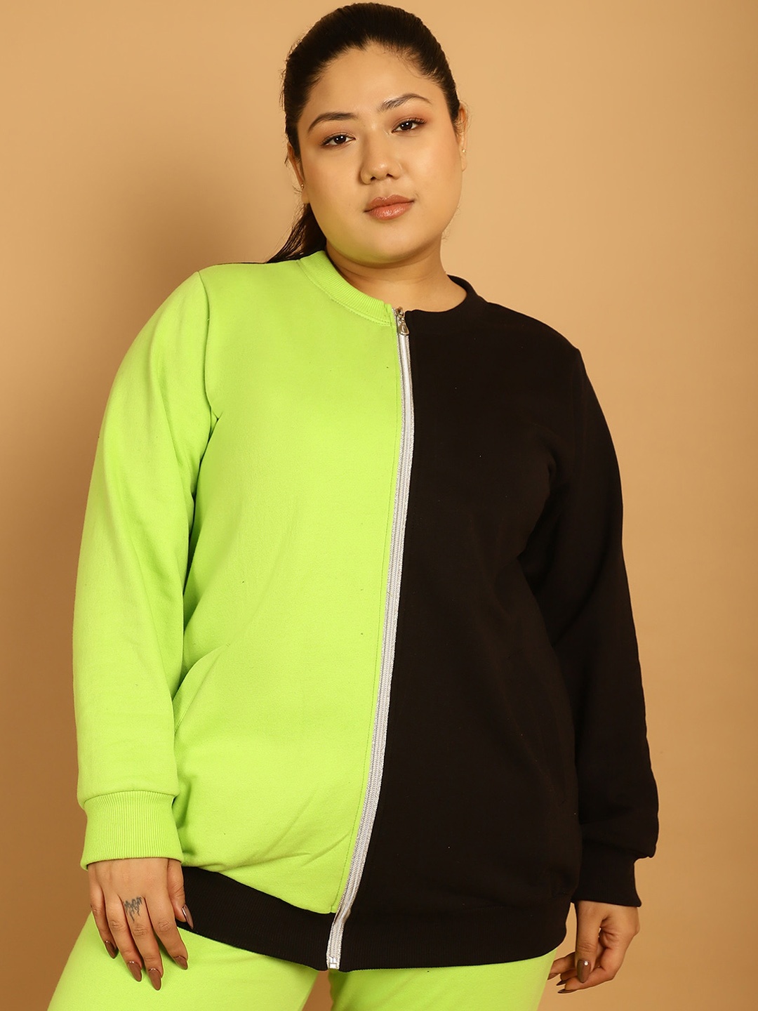 

theRebelinme Plus Size Colourblocked Mock Collar Bomber Jacket, Green