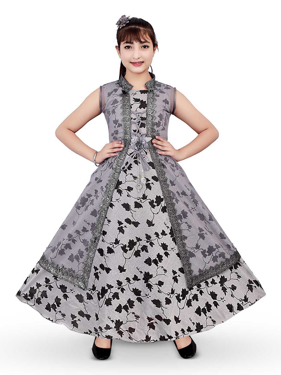 

BAESD Girls Floral Printed Bow Embellished Net Maxi Dress, Grey