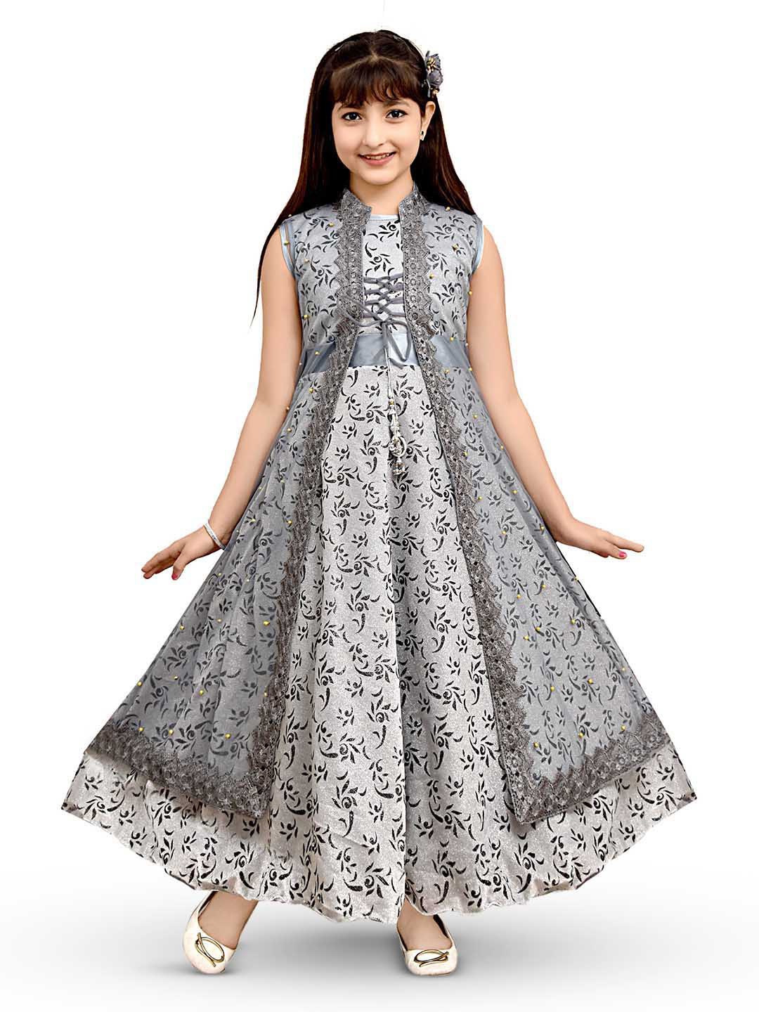 

BAESD Girls Floral Printed Embellished Mandarin Collar Net Maxi Dress, Grey