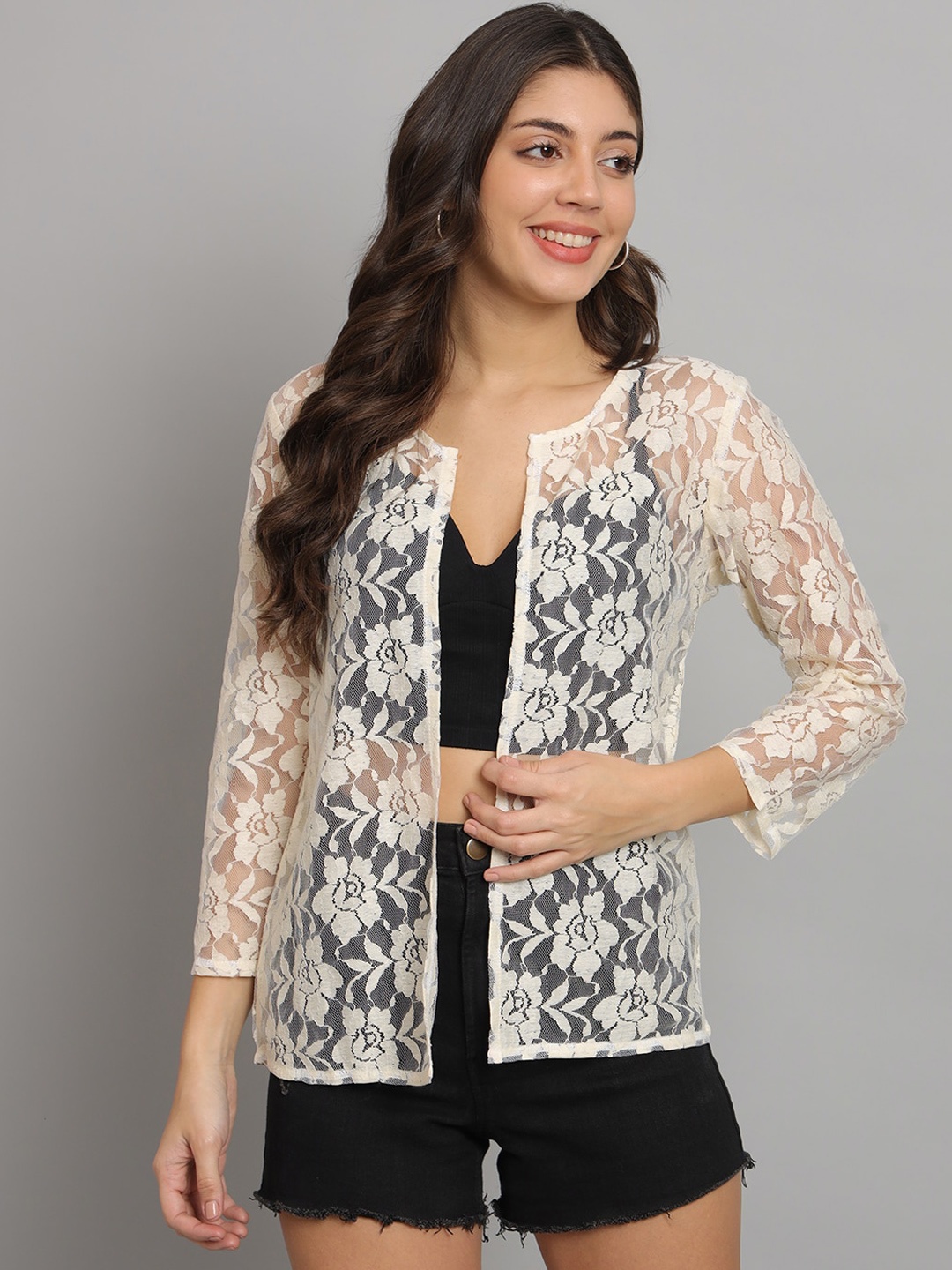 

urSense Self Design Front Open Shrug & Mid-Rise Short Co-Ords, Black