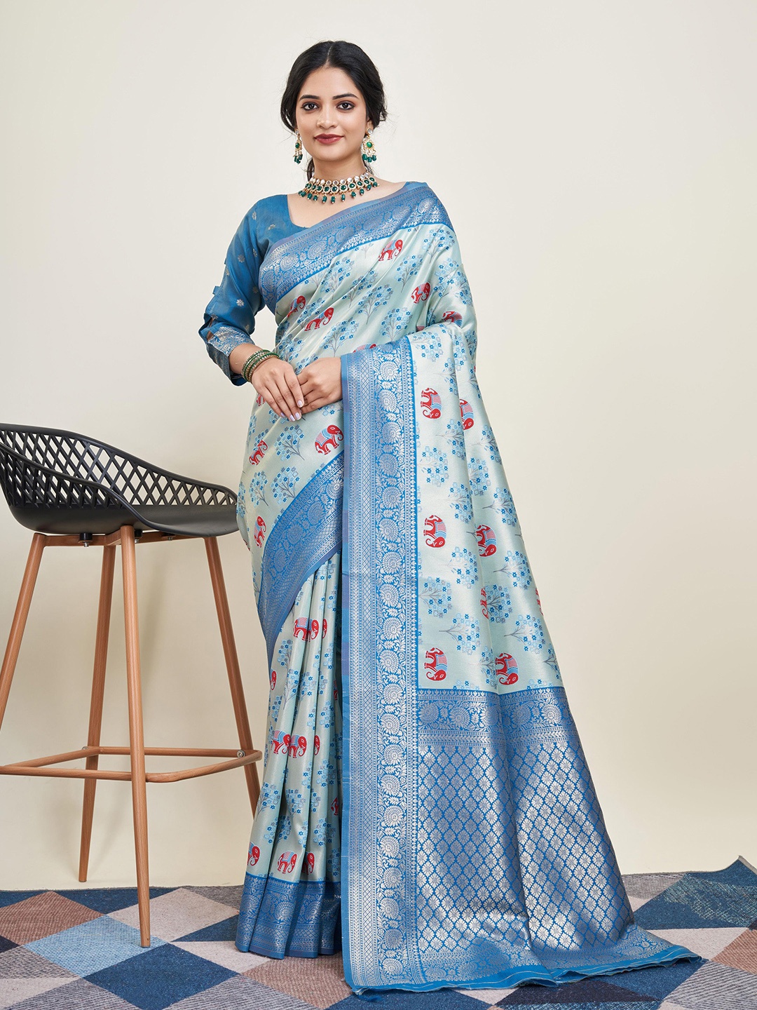 

VAIRAGEE Ethnic Motifs Woven Design Zari Banarasi Saree, Blue