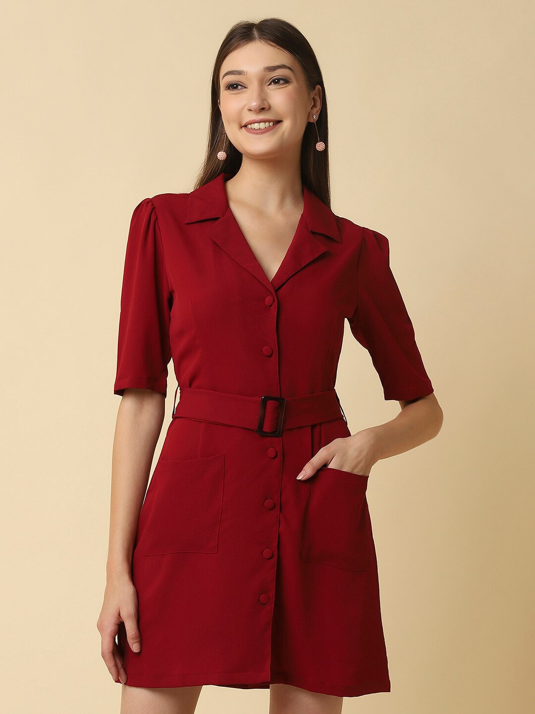 

RAASSIO Shirt Collar Shirt Dress With Belt, Burgundy