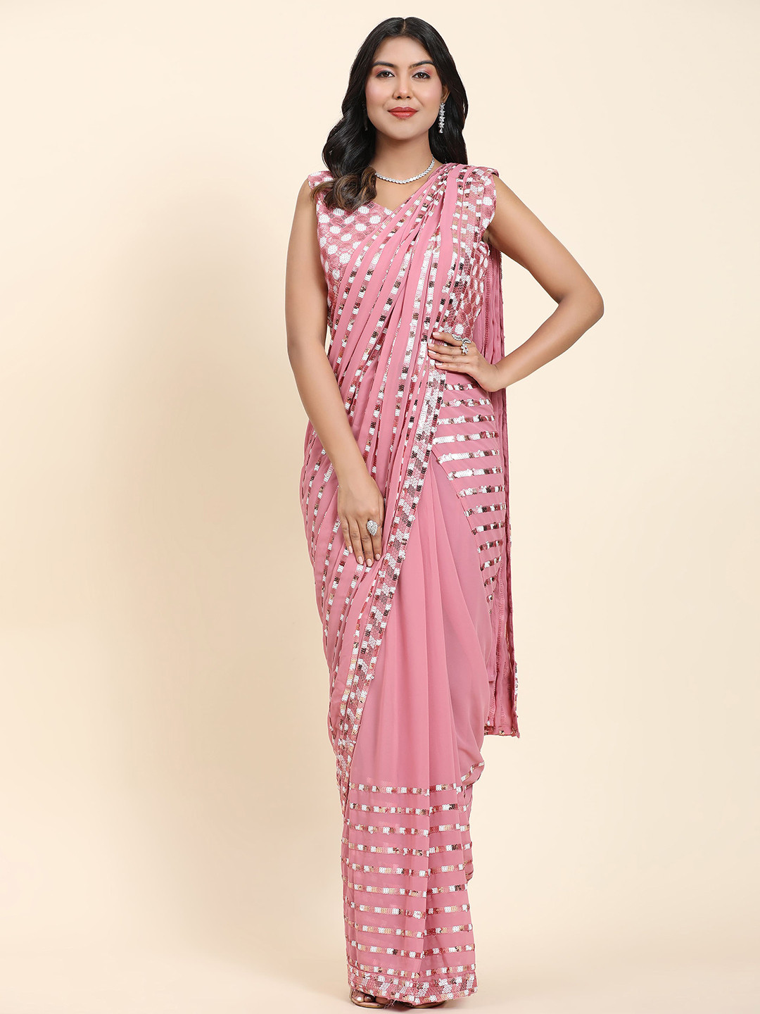 

AMOHA TRENDZ Striped Embellished Sequinned Ready to Wear Saree, Pink