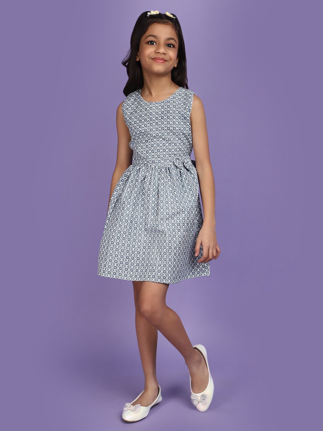 

V-Mart Girls Geometric Printed Round Neck Cotton Fit & Flare Dress, Blue