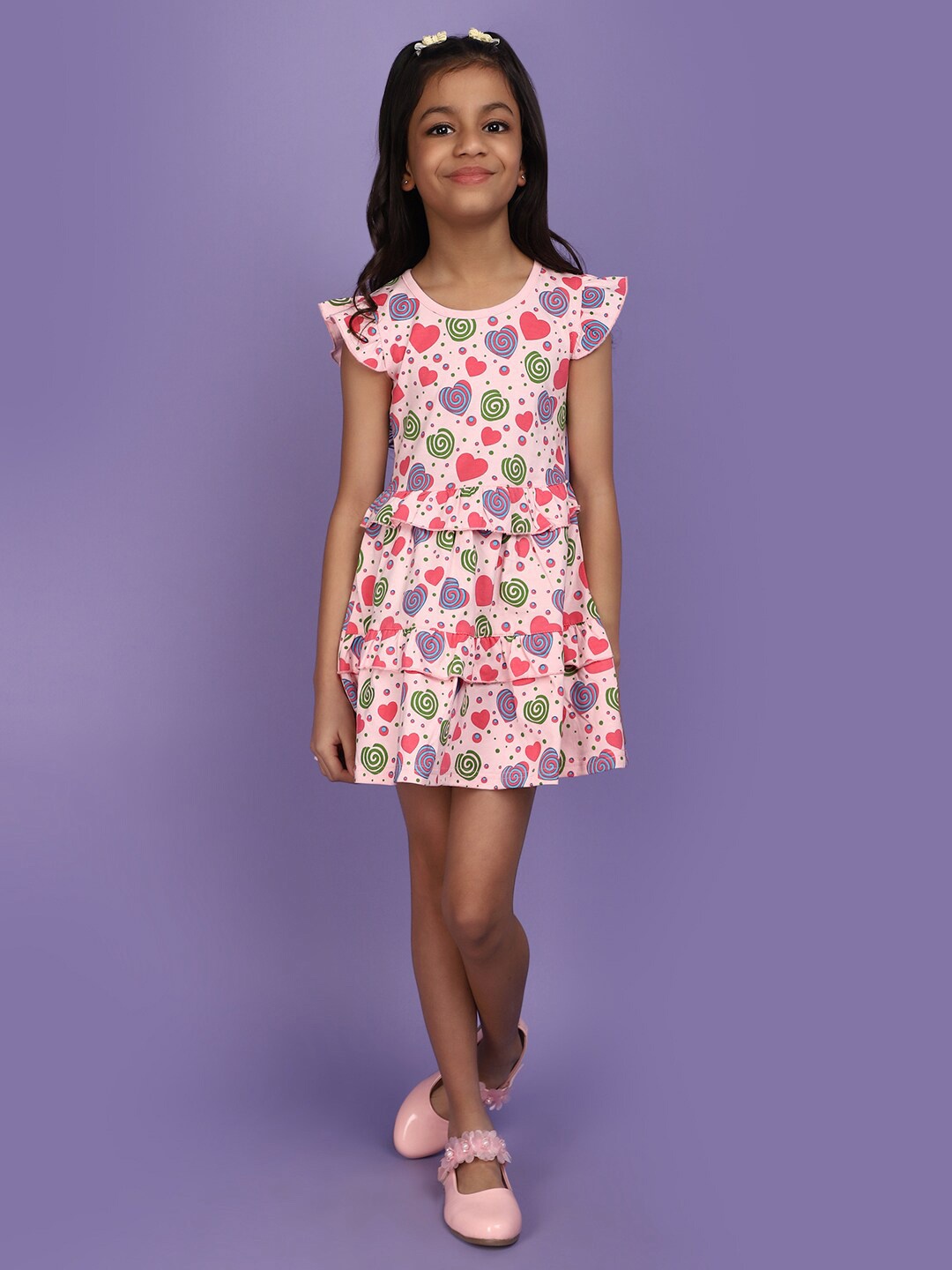 

V-Mart Girls Conversational Print Round Neck Cotton Fit & Flare Dress, Pink