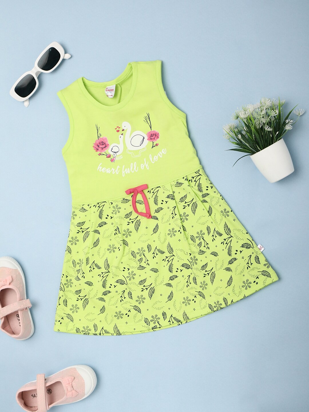 

V-Mart Girls Graphic Printed Round Neck Cotton A-Line Dress, Green