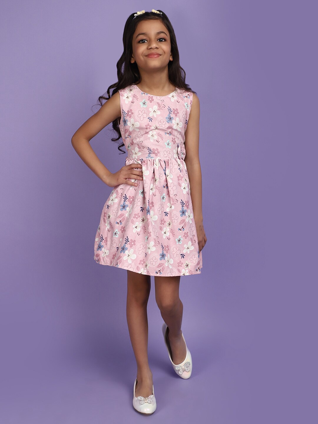 

V-Mart Girls Floral Printed Round Neck Cotton Fit & Flare Dress, Pink