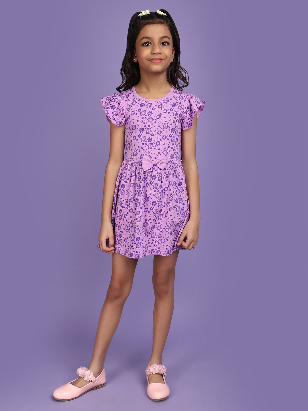

V-Mart Girls Floral Printed Round Neck Cotton A-Line Dress, Purple