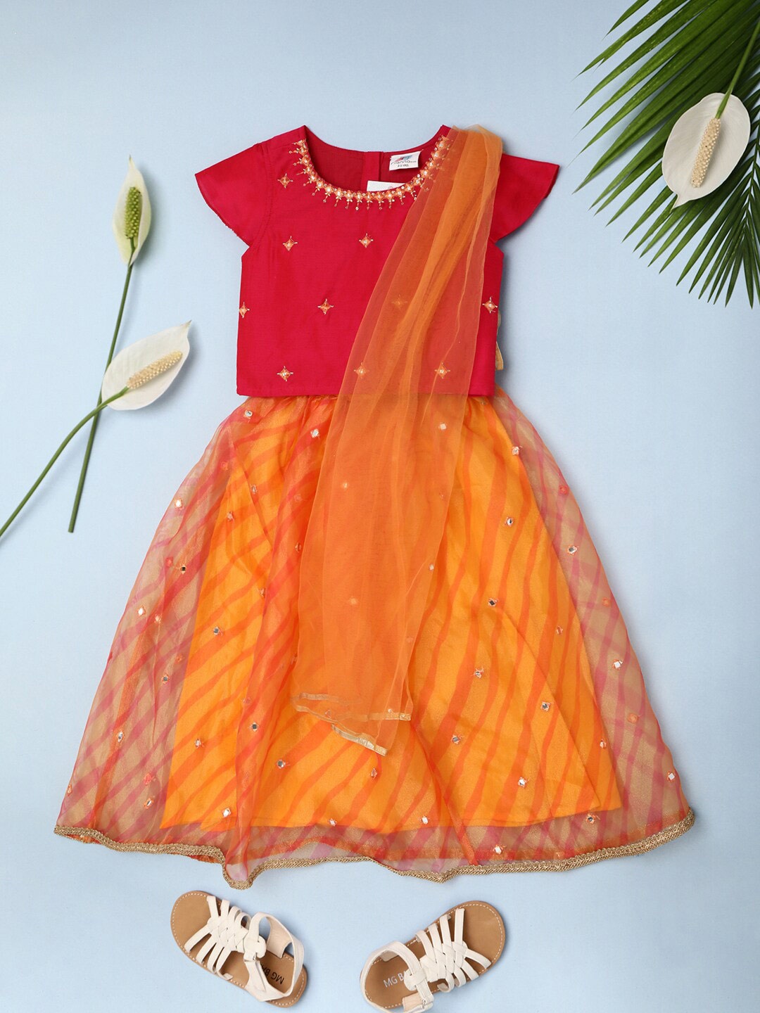 

V-Mart Girls Floral Embroidered Sequined Fit & Flare Dress, Orange