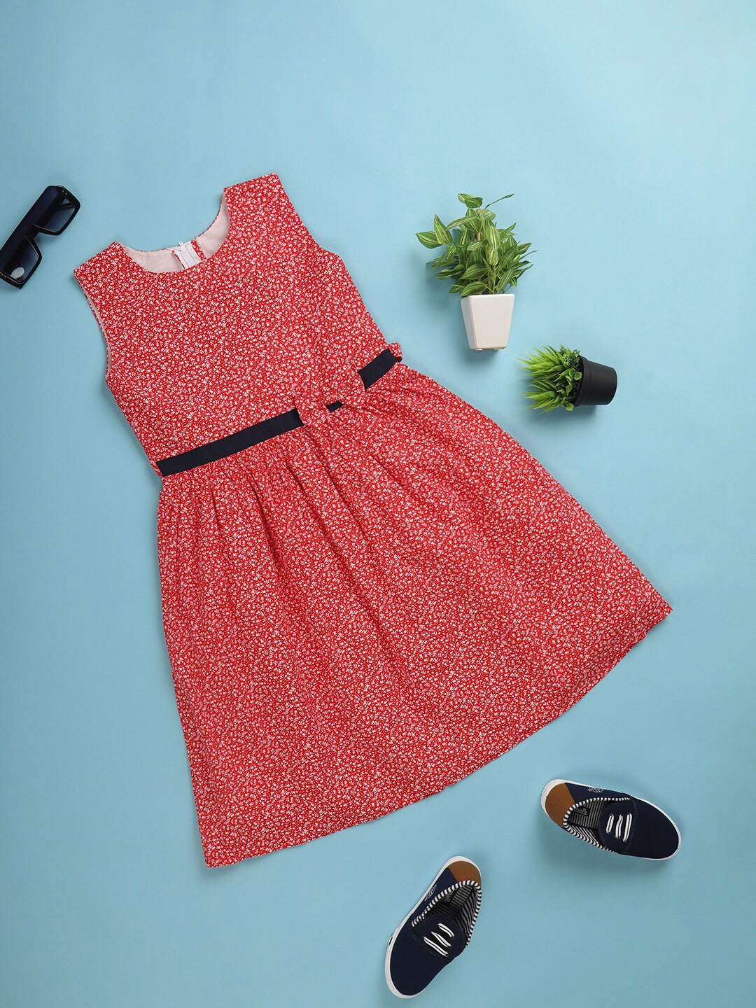 

V-Mart Girls Floral Print Round Neck Cotton Fit & Flare Dress, Red