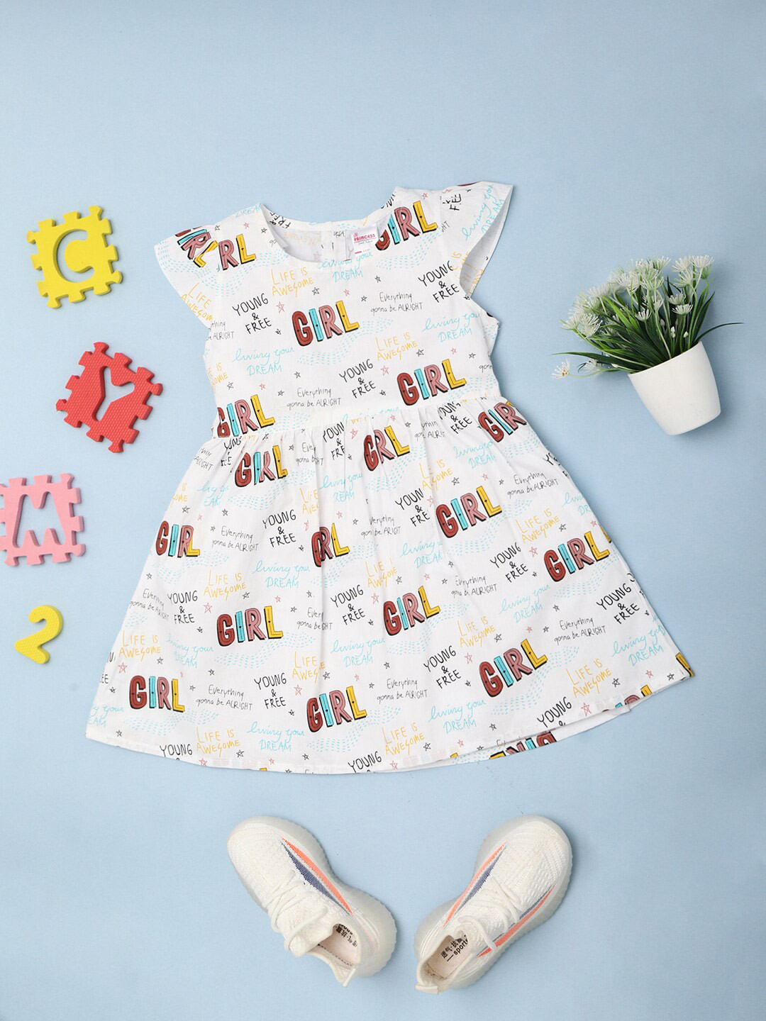 

V-Mart Girls Printed Round Neck Flutter Sleeves Fit & Flare Dress, White