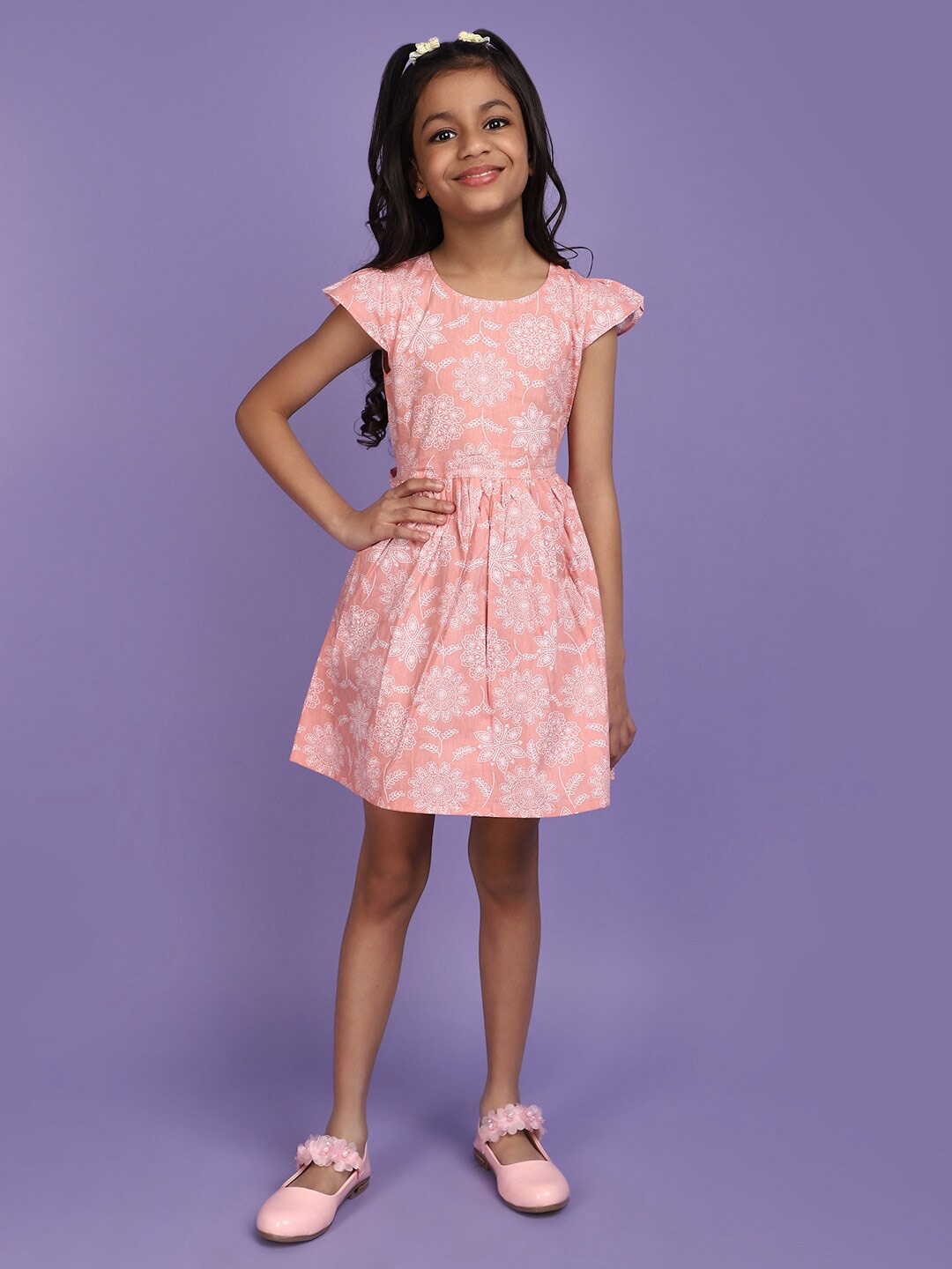 

V-Mart Girls Floral Printed Round Neck Cap Sleeves Above Knee Cotton Fit & Flare Dress, Pink