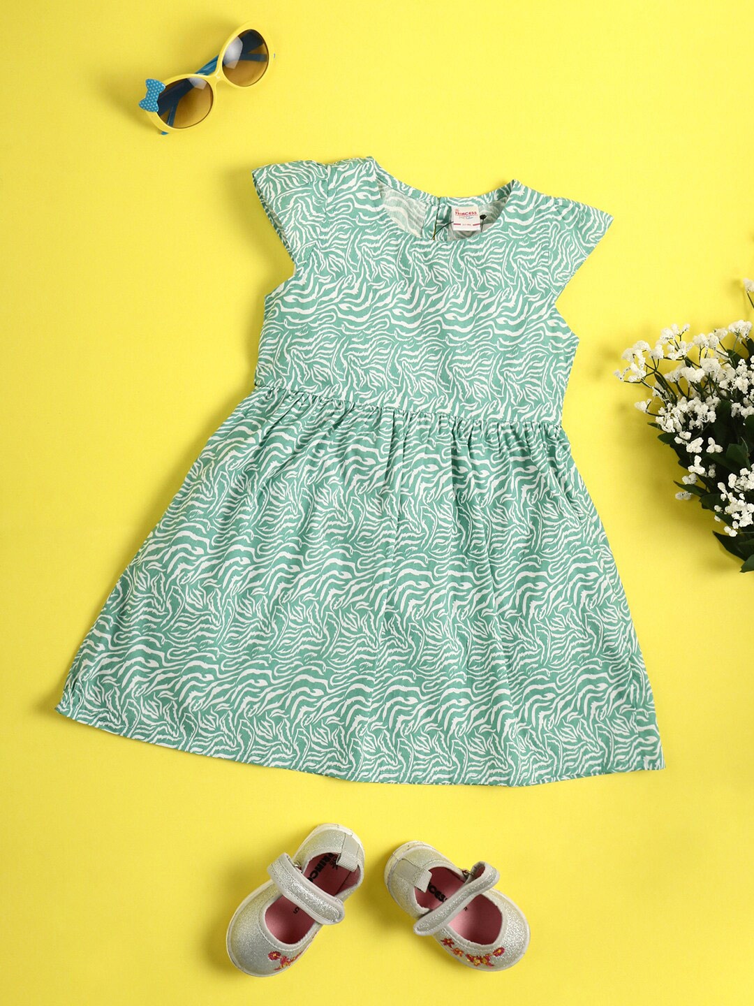 

V-Mart Girls Printed Round Neck Cap Sleeves Cotton Fit & Flare Dress, Green