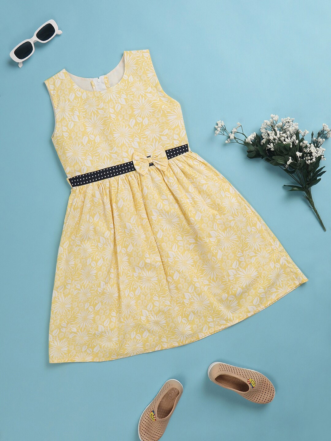 

V-Mart Girls Floral Printed Round Neck Sleeveless Cotton Fit & Flare Dress, Yellow