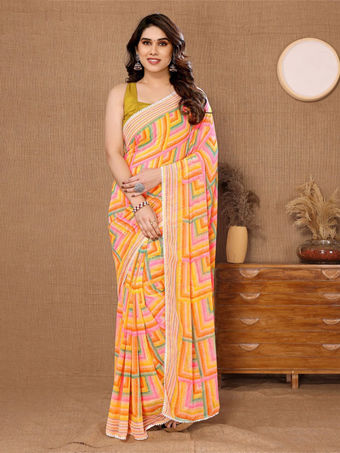 

TEEYA CREATION Geometric Printed Gotta Patti Pure Georgette Ready to Wear Saree, Yellow