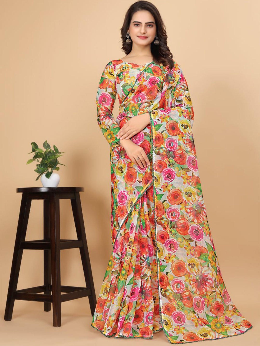 

TEEYA CREATION Floral Printed Gotta Patti Organza Saree, White