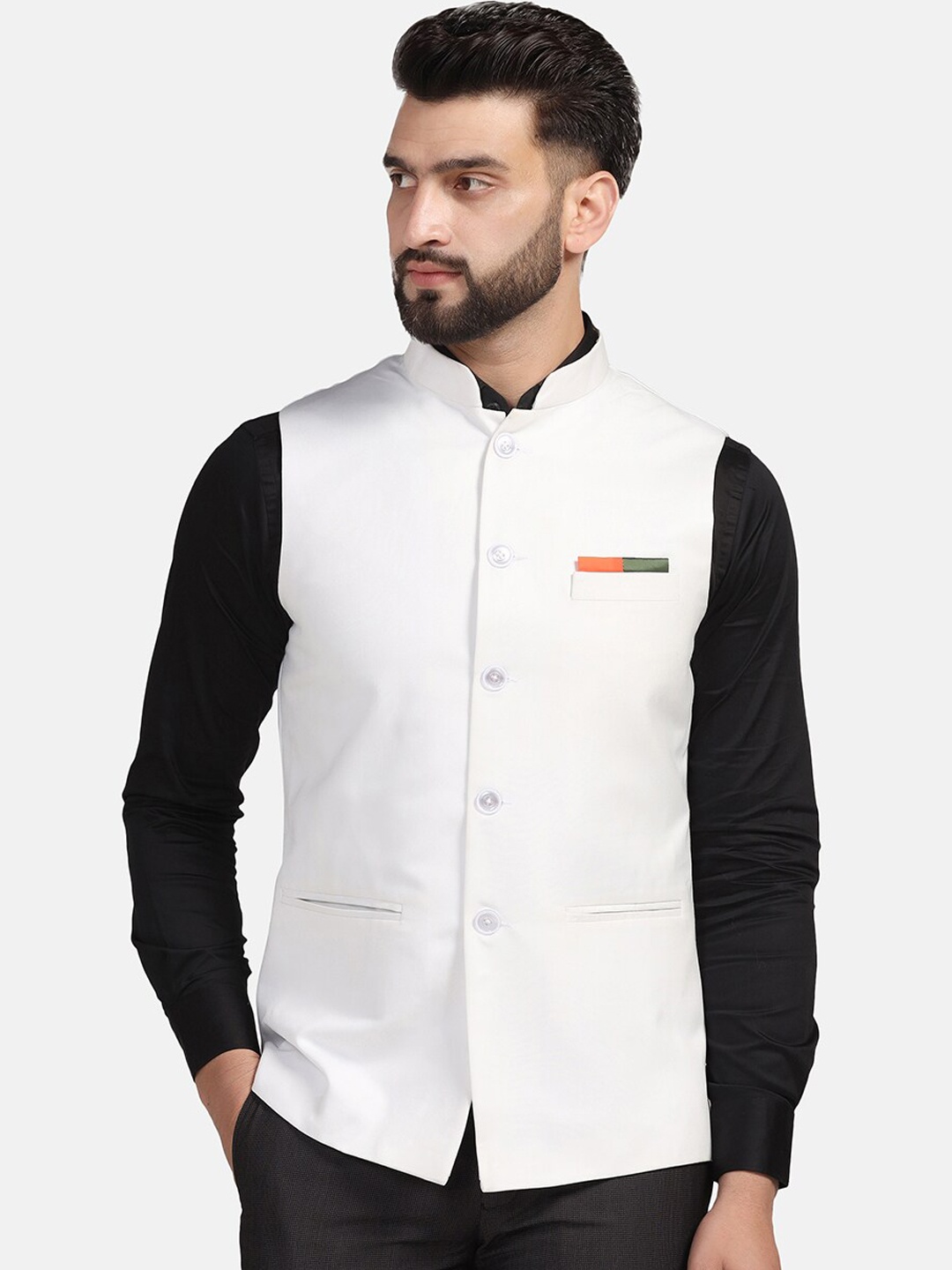 

TAHVO Mandarin Collar Nehru Jacket, White