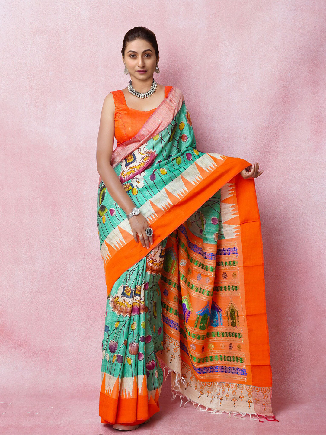 

Unnati Silks Kalamkari Printed Handloom Pure Silk Tussar Saree, Green
