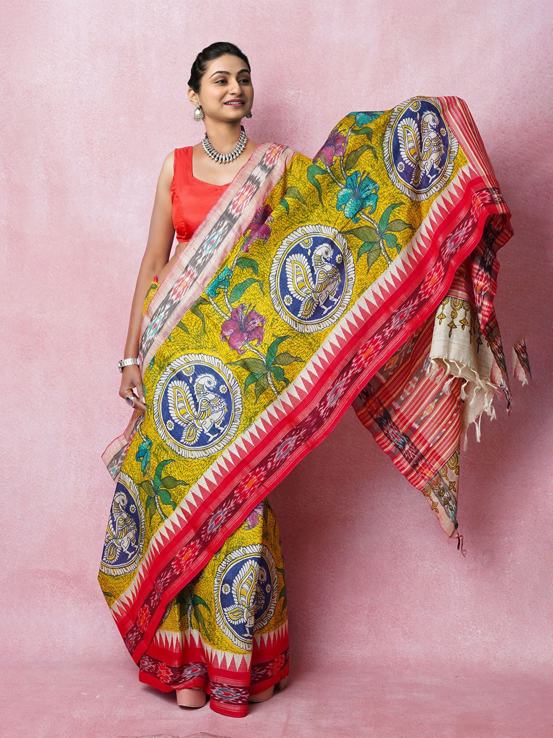 

Unnati Silks Kalamkari Handloom Pure Silk Tussar Saree, Yellow