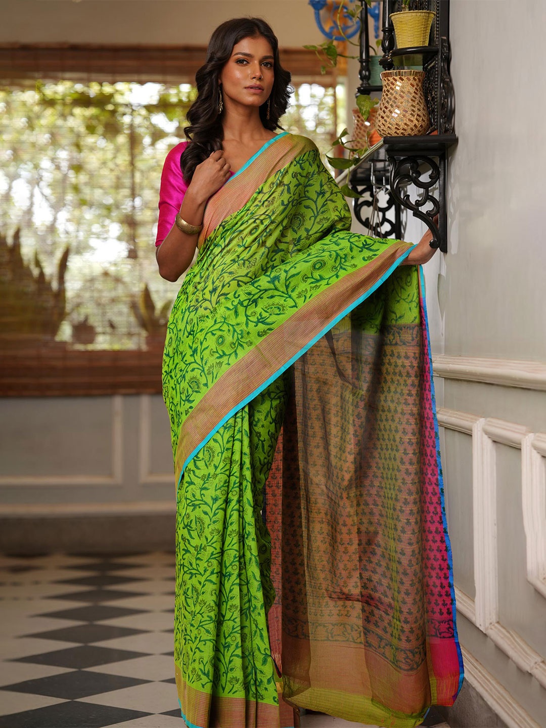

Unnati Silks Ethnic Motifs Printed Pure Cotton Mangalagiri Saree, Green