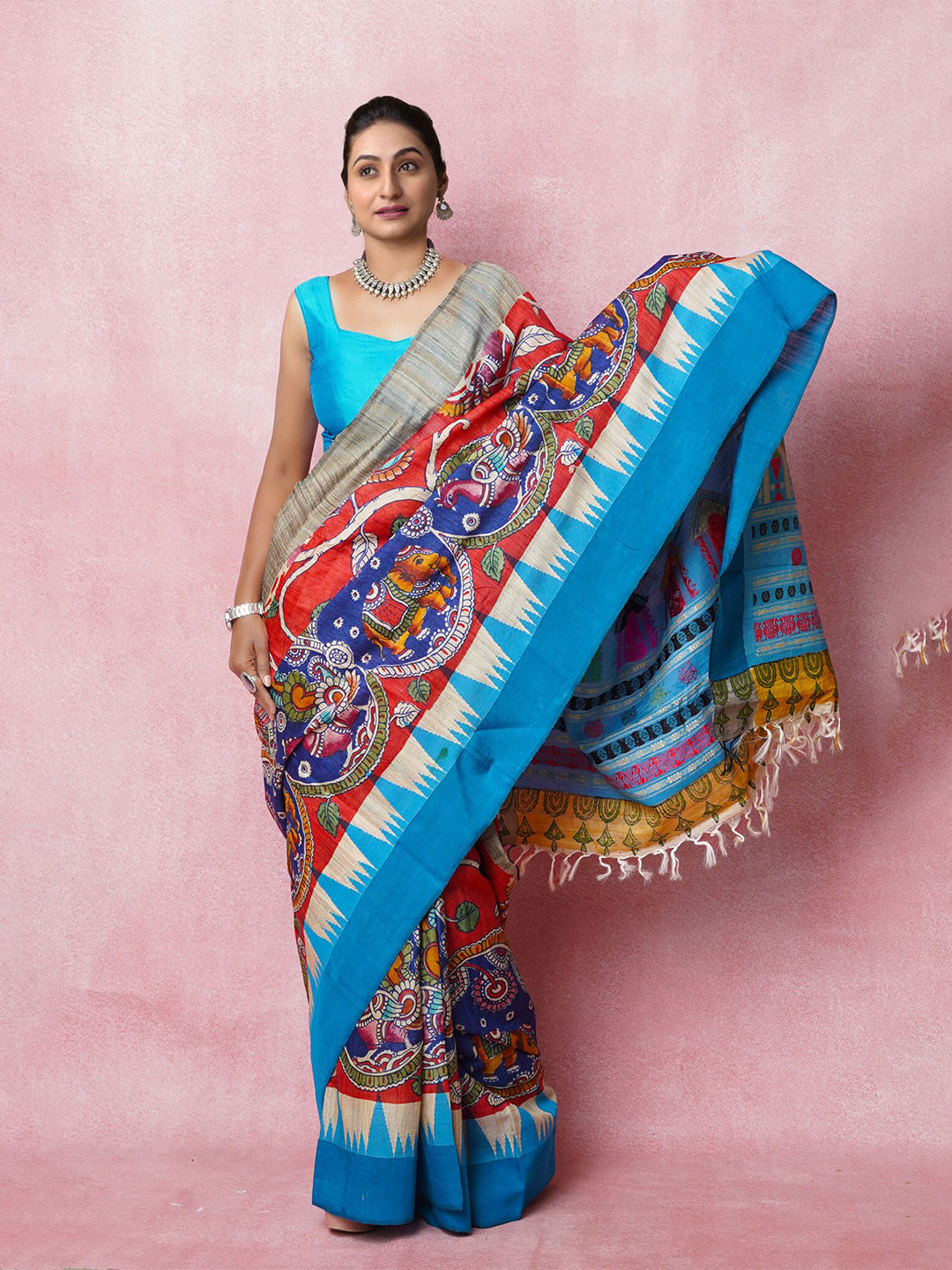 

Unnati Silks Kalamkari Handloom Pure Silk Tussar Saree, Red