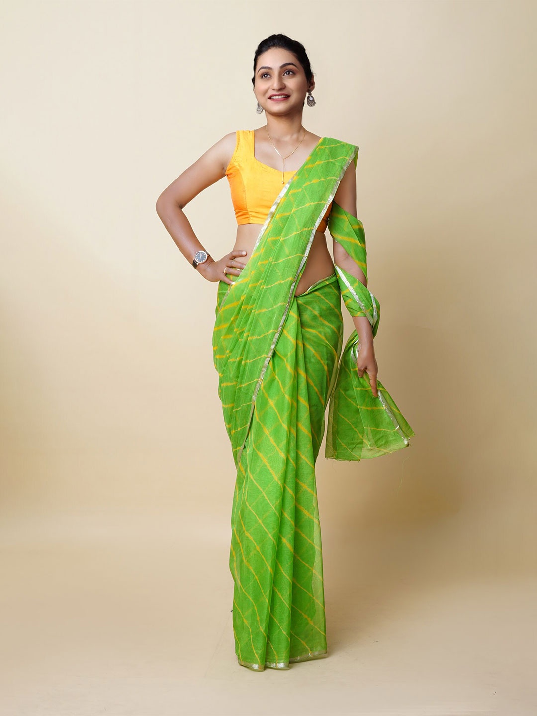

Unnati Silks Leheriya Printed Zari Saree, Green