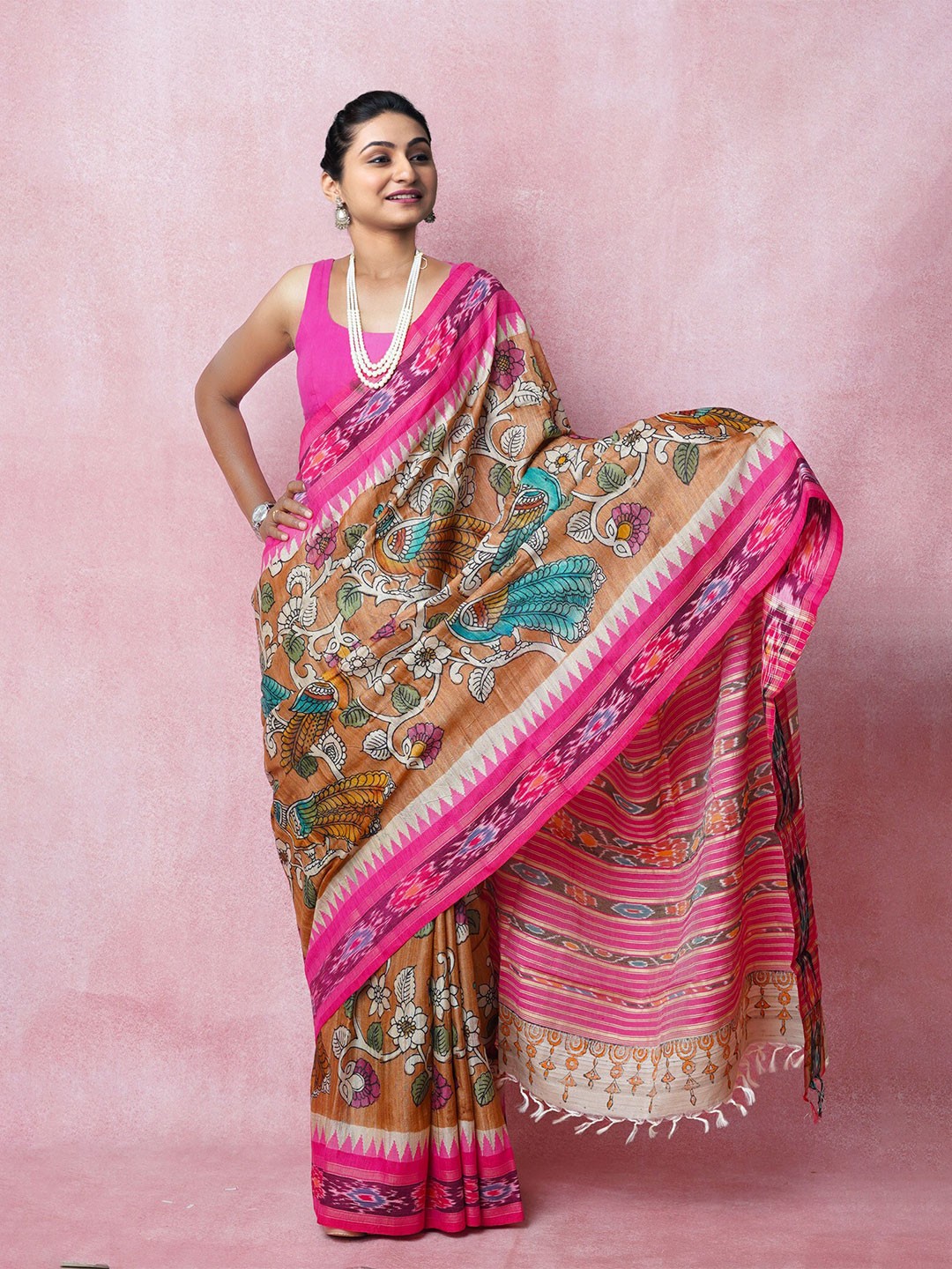 

Unnati Silks Kalamkari Handloom Pure Silk Tussar Saree, Brown