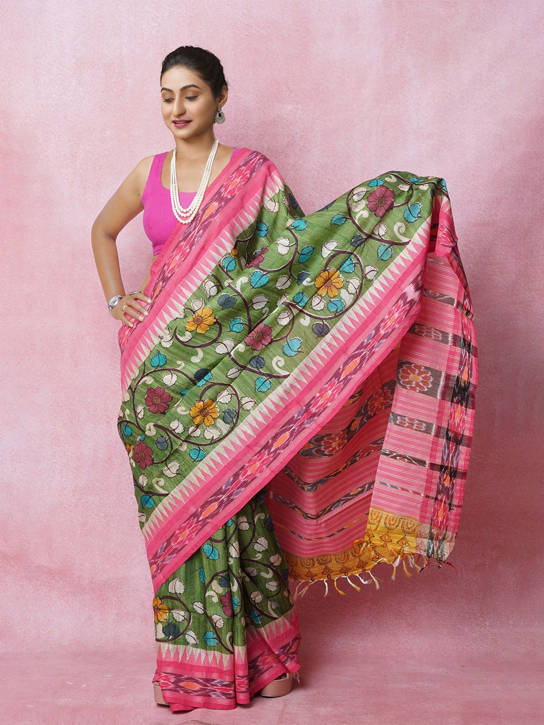 

Unnati Silks Kalamkari Handloom Pure Silk Tussar Saree, Green