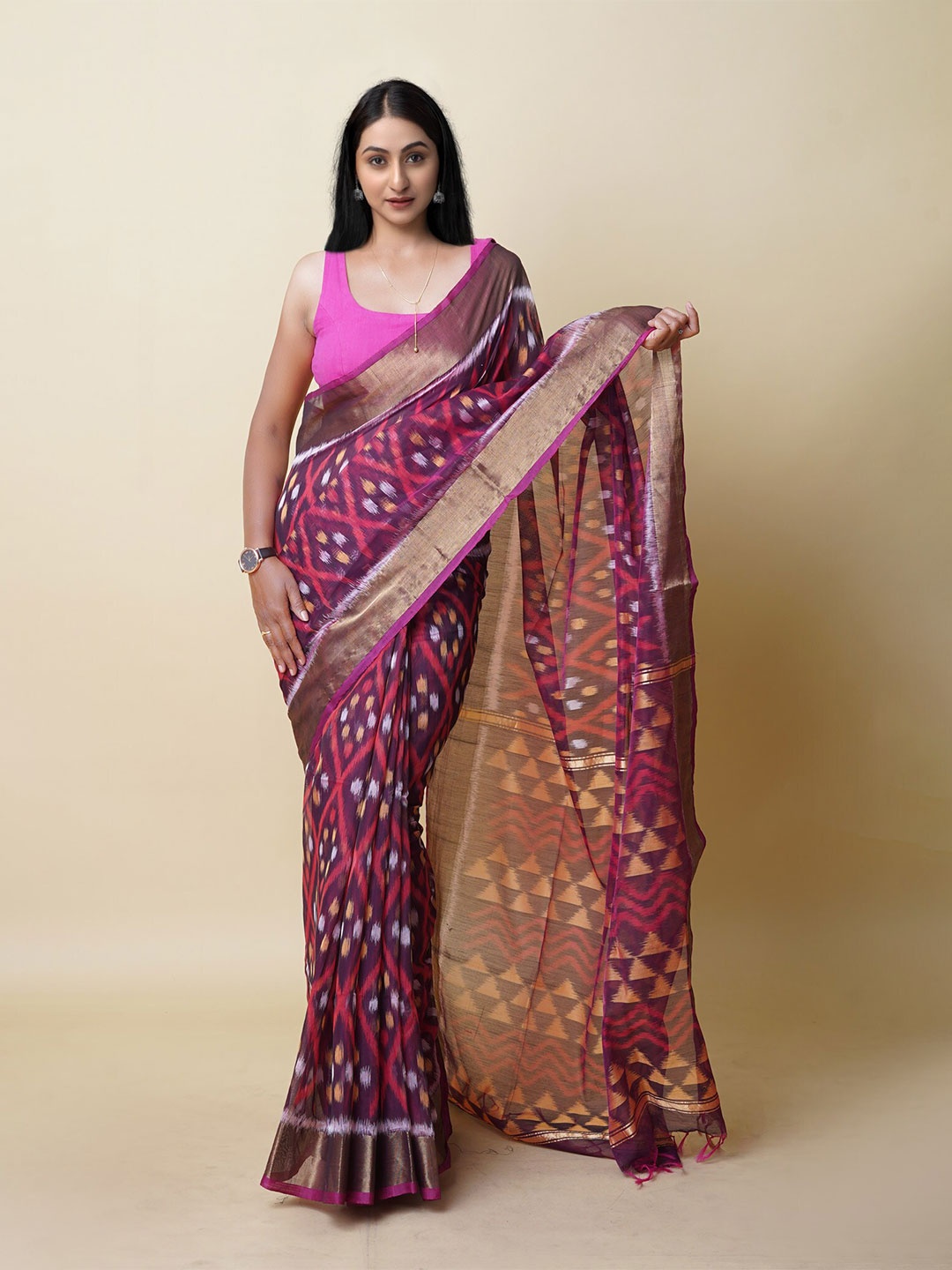 

Unnati Silks Woven Design Silk Cotton Handloom Ikat Printed Pochampally Saree, Purple