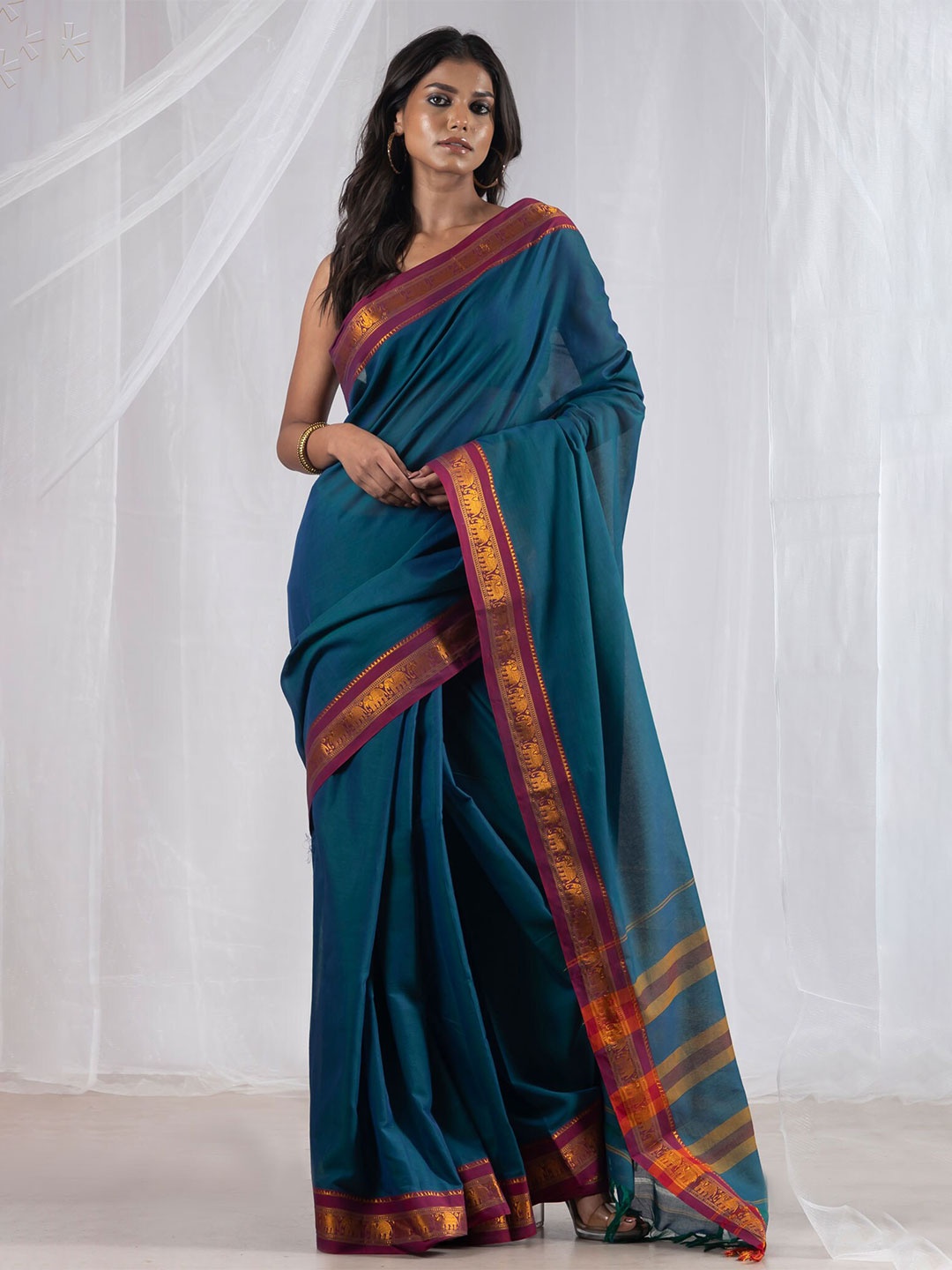 

Unnati Silks Zari Handloom Pure Cotton Narayanpet Saree With Tassels, Blue