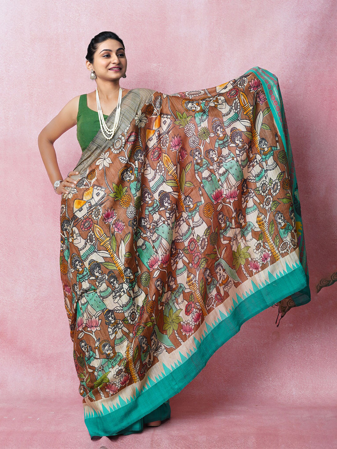 

Unnati Silks Kalamkari Printed Handloom Pure Silk Tussar Saree With Tassels, Brown