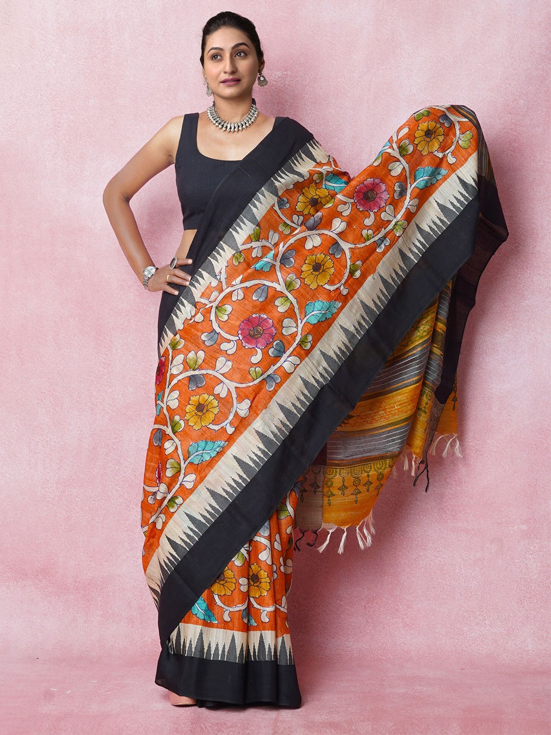 

Unnati Silks Kalamkari Painted Pure Silk Tussar Saree With Tassels, Orange