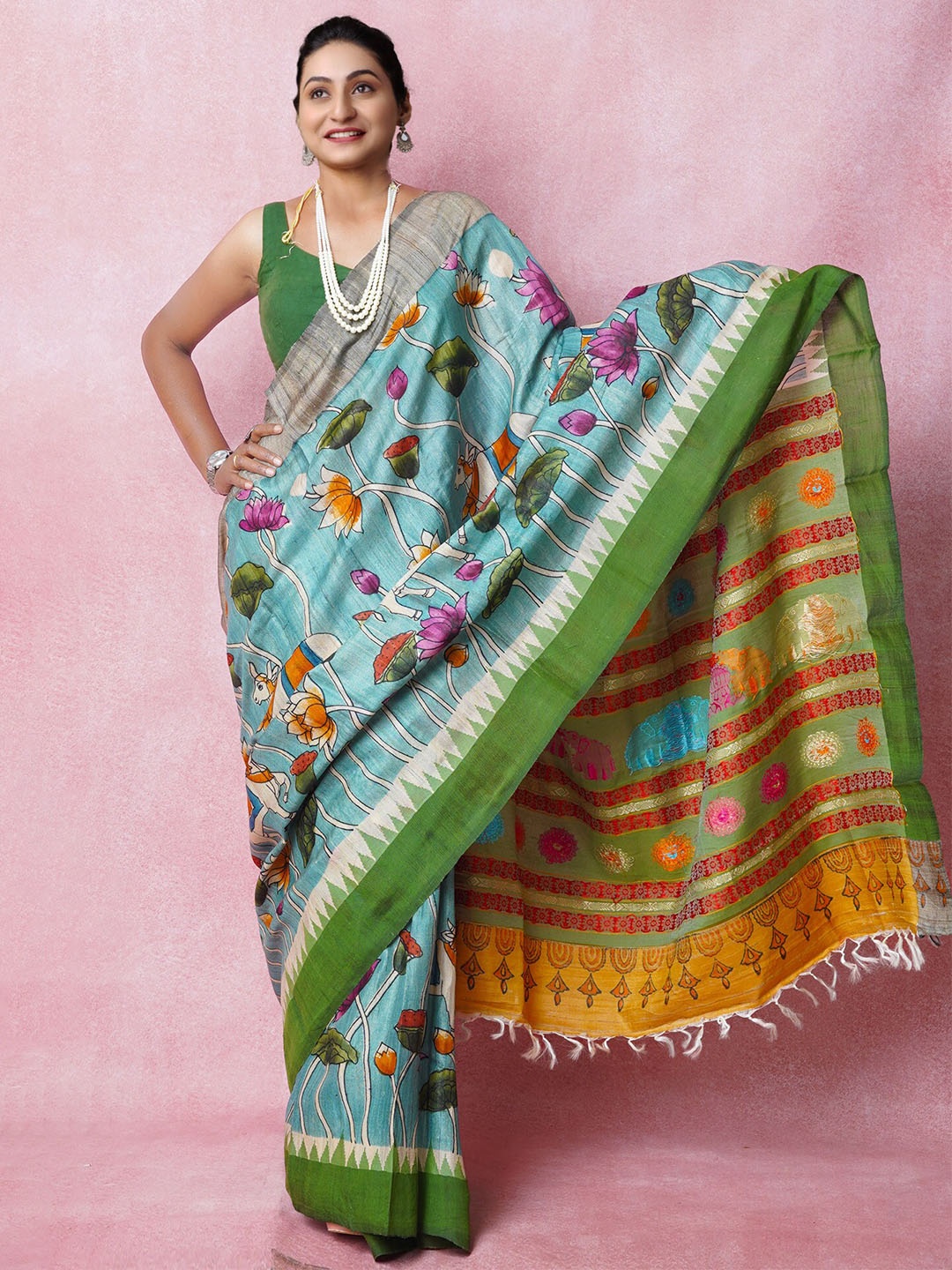 

Unnati Silks Kalamkari Printed Pure Silk Tussar Saree With Tassels, Blue