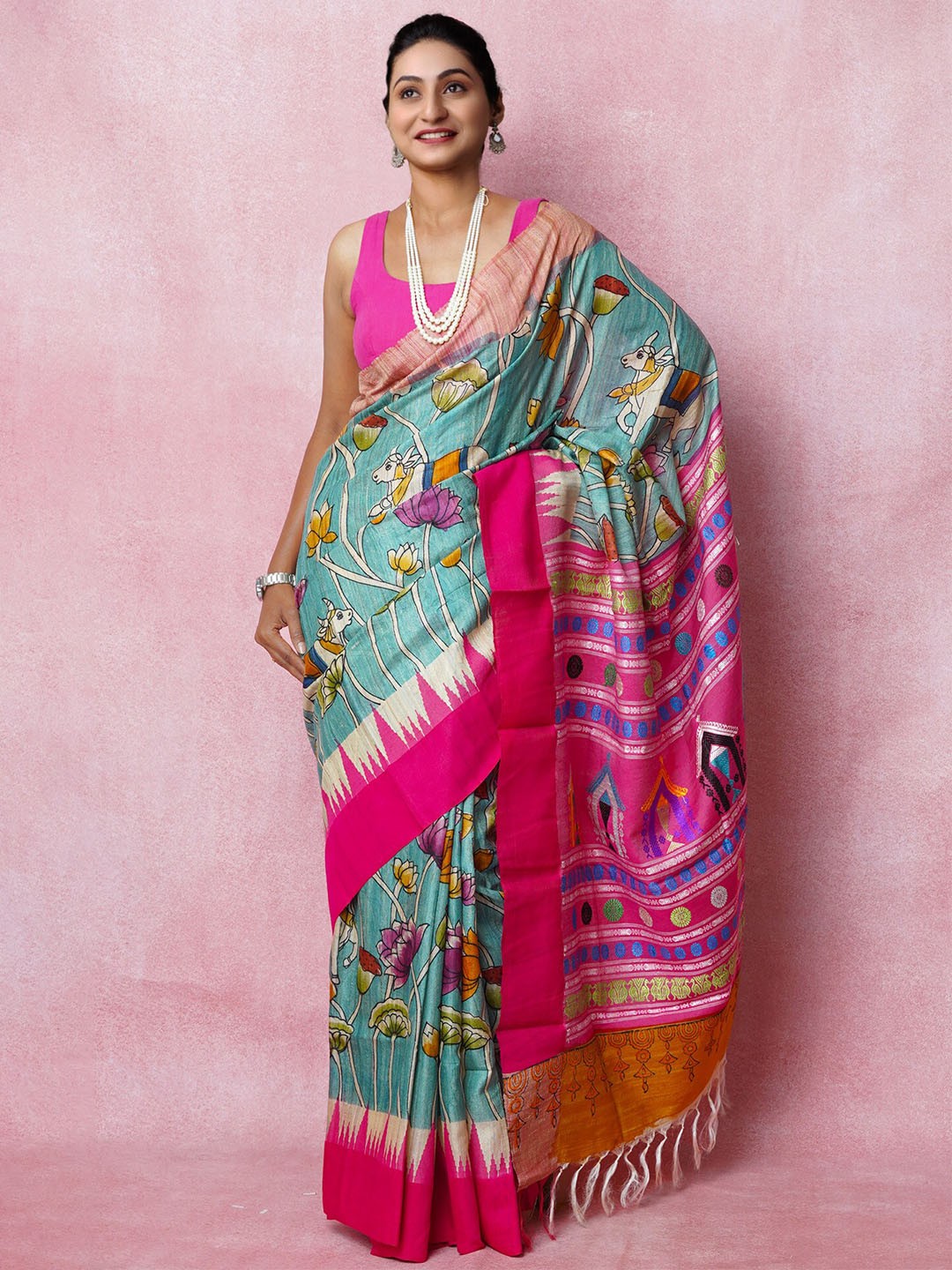 

Unnati Silks Kalamkari Printed Pure Silk Handloom Tussar Saree With Tassels, Blue