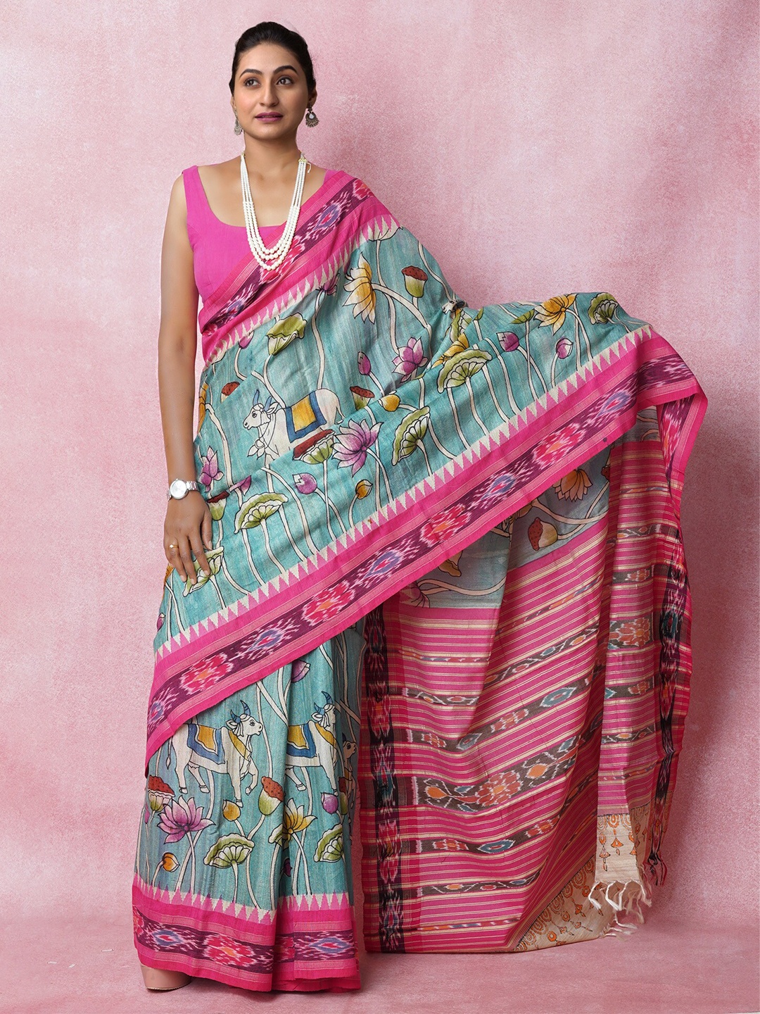 

Unnati Silks Kalamkari Printed Pure Silk Handloom Tussar Saree With Tassels, Blue